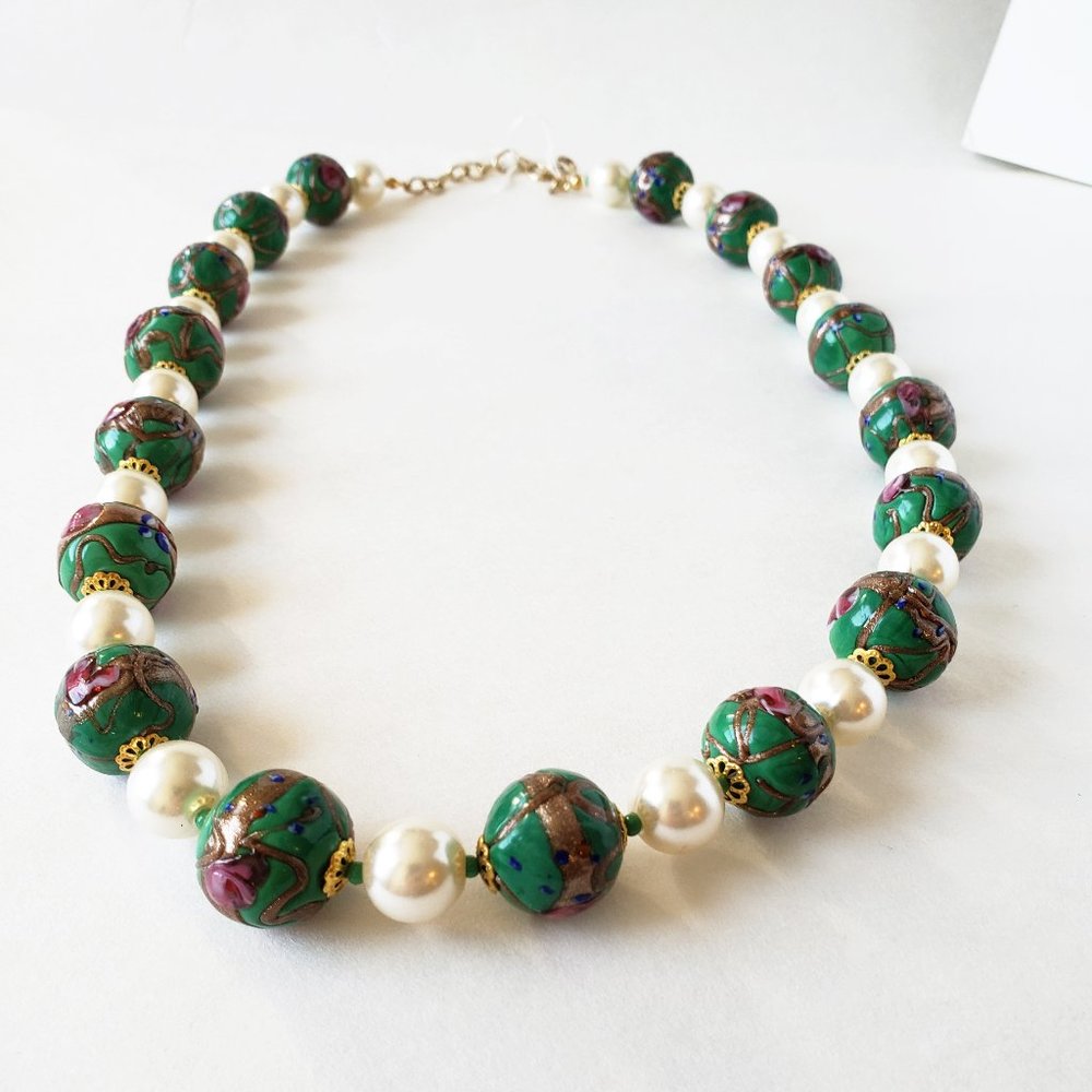 Murano Glass Necklace Green, Red Roses Tommasi New